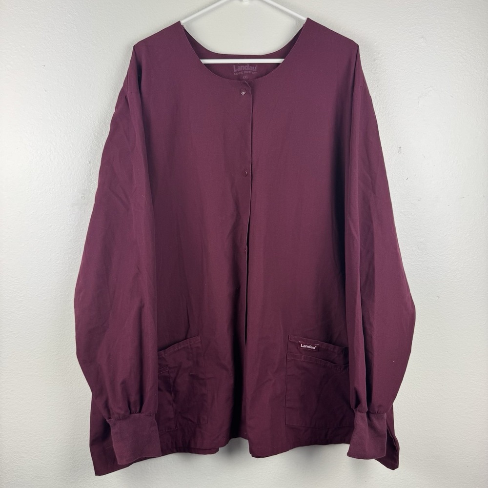 LANDAU Womens Long Sleeve Snap Button Front Scrub Coat Jacket Wine Red - 4XL